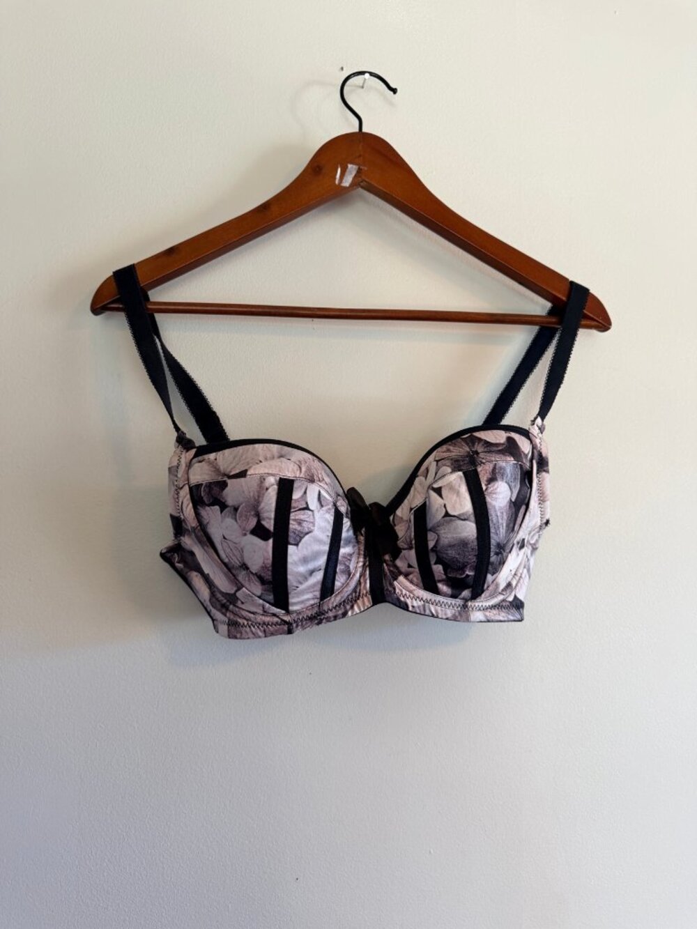 Parfait Balconette Bra 30DD Grey Floral Print Underwire Padded Cups Bow